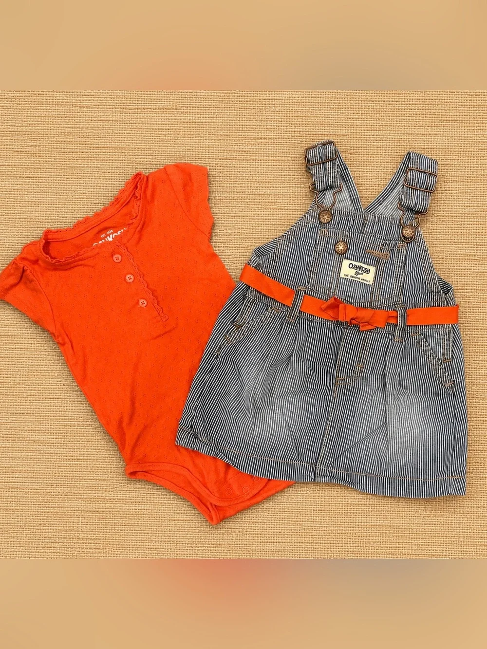 OshKosh B'gosh Railroad Stripe Jumper Dress with Orange Onesie Set Girl 9 Months
